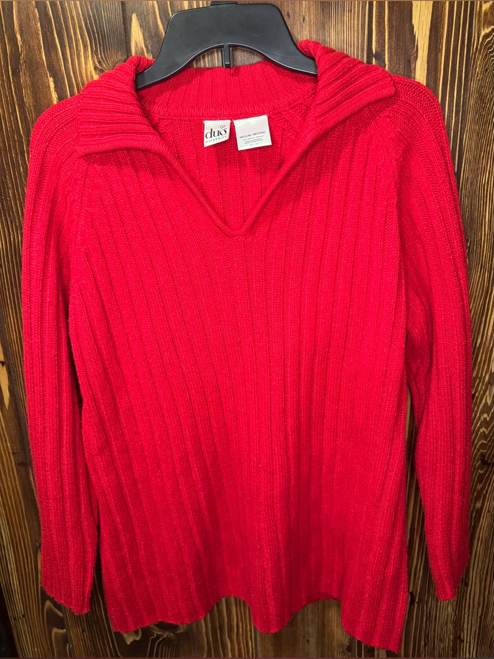 Duo Red Maternity Sweater Size Medium V-Neck with Collar